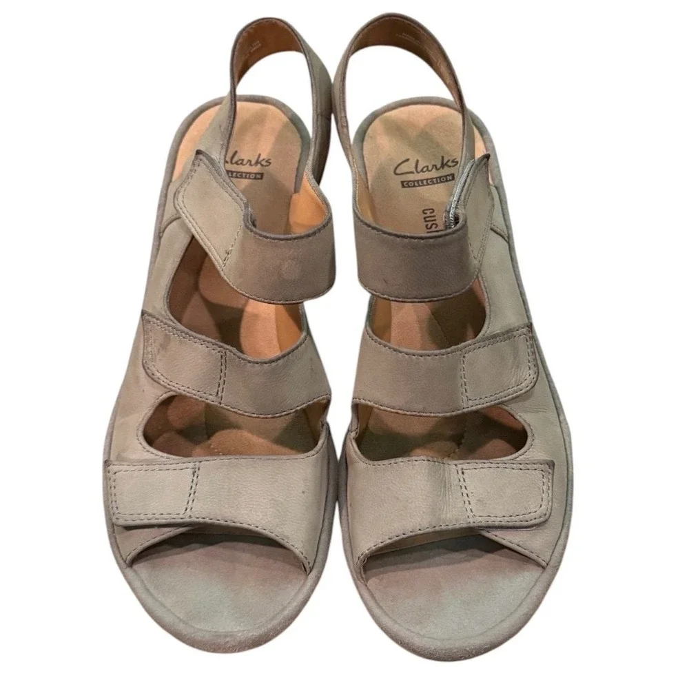 Clarks Collection Cushion Soft Taupe Leather Wedge Sandals Womens 6 M
